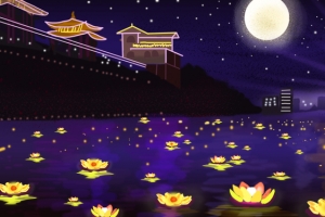 中元节夜晚放莲花灯祈福插画