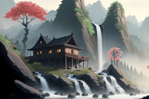 高山流水 瀑布 房子 树 AI风景 4K壁纸