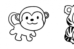 卡通 黑白 线稿 老虎-猴子