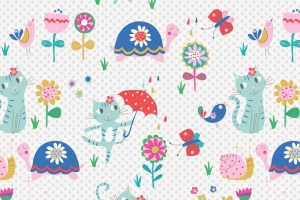 手绘卡通花朵小猫