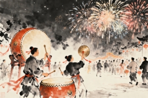 2026新年 烟花 舞龙 敲锣打鼓 喜庆 水墨风4k壁纸