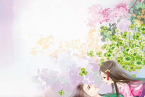 手绘花丛里的两个人