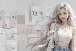报纸墙 白色长卷发动漫女孩 3440x1440带鱼屏壁纸