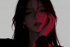 美女一手托腮红色光影灰色背景4K动漫高清壁纸3840x2400免费下载