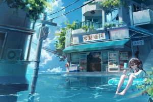 女孩 冰淇淋 水 建筑 动漫 4k壁纸 3840x2160