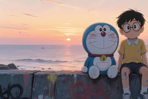 哆啦a梦 大雄 海边 涂鸦 3440x1440带鱼屏动漫壁纸