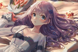 紫色长发可爱动漫女孩 床 鲜花 3440x1440带鱼屏壁纸