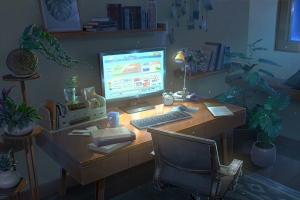 晚上书房电脑桌台灯 2880x1800高清壁纸免费下载