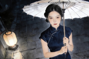 晚上 街道 雨天 旗袍美女3440x1440超高清壁纸横屏