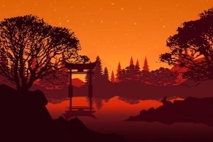  torii 风景 湖泊 树木 艺术 4k壁纸 3840x2160