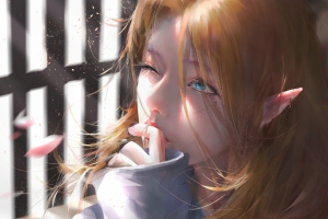窗 阳光 女孩尖耳朵 棕黄色头发 蓝色眼睛 蝴蝶 花瓣 iPad平板壁纸