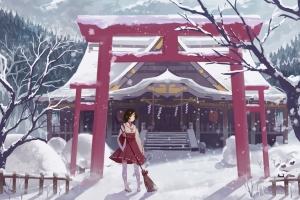 扫雪的小女孩 雪 寺庙 寺院 动漫壁纸