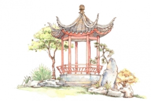中国风国画园林小景亭台楼阁元素