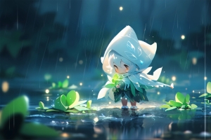 雨天 叶子 可爱小精灵 4K壁纸3840x2160